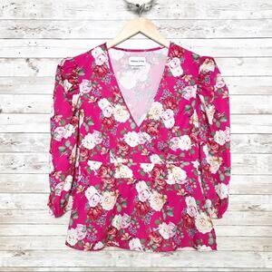 Valencia & Vine Floral Wrap Blouse Pink Puff Sleeve Preppy Twee Romantic Size M